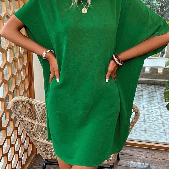 Green Boho Womens Asymmetrical Neck Batwing Sleeve Guipure Lace Trim Dress - Picture 5 of 5